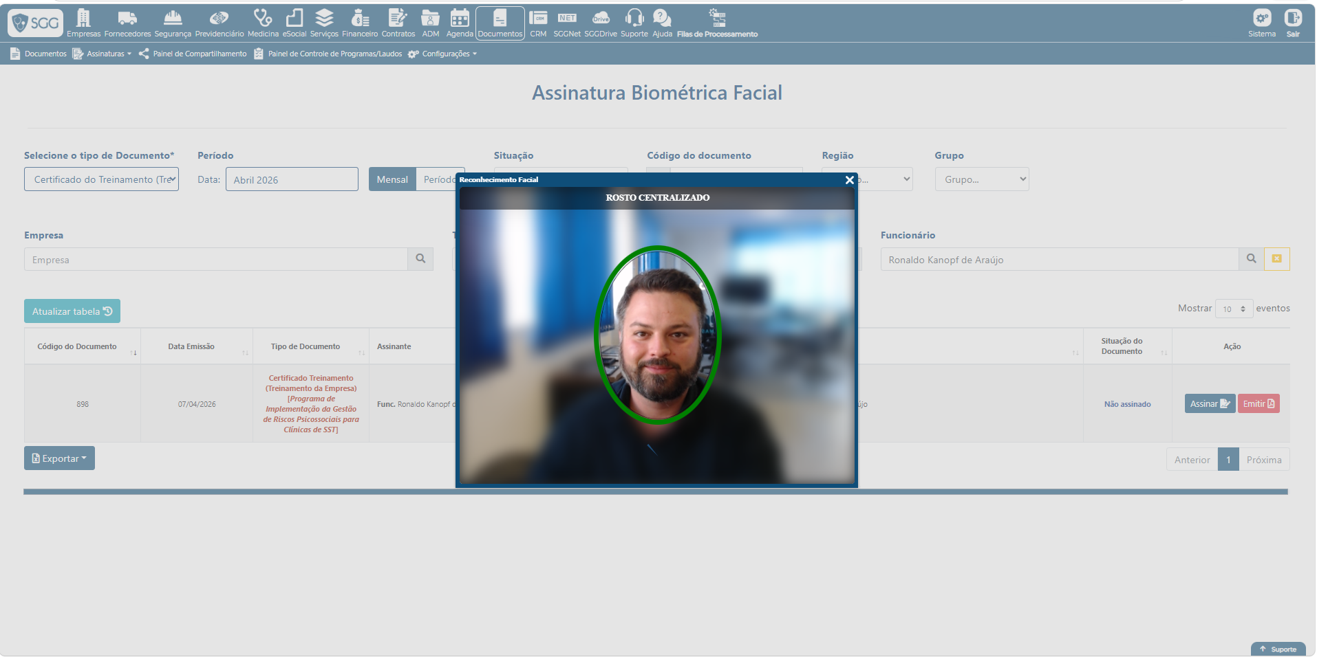 assinatura de entrega de EPI por biometria facial