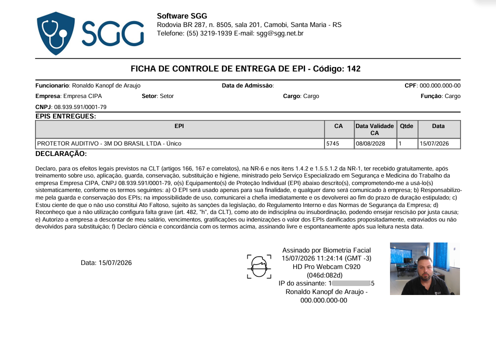 ficha de entrega de epi com assinatura biométrica facial no SGG