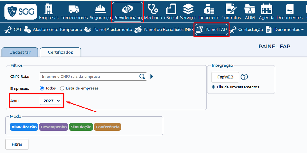 FAP 2027 no Painel FAP do SGG, com o filtro de ano selecionado no módulo Previdenciário