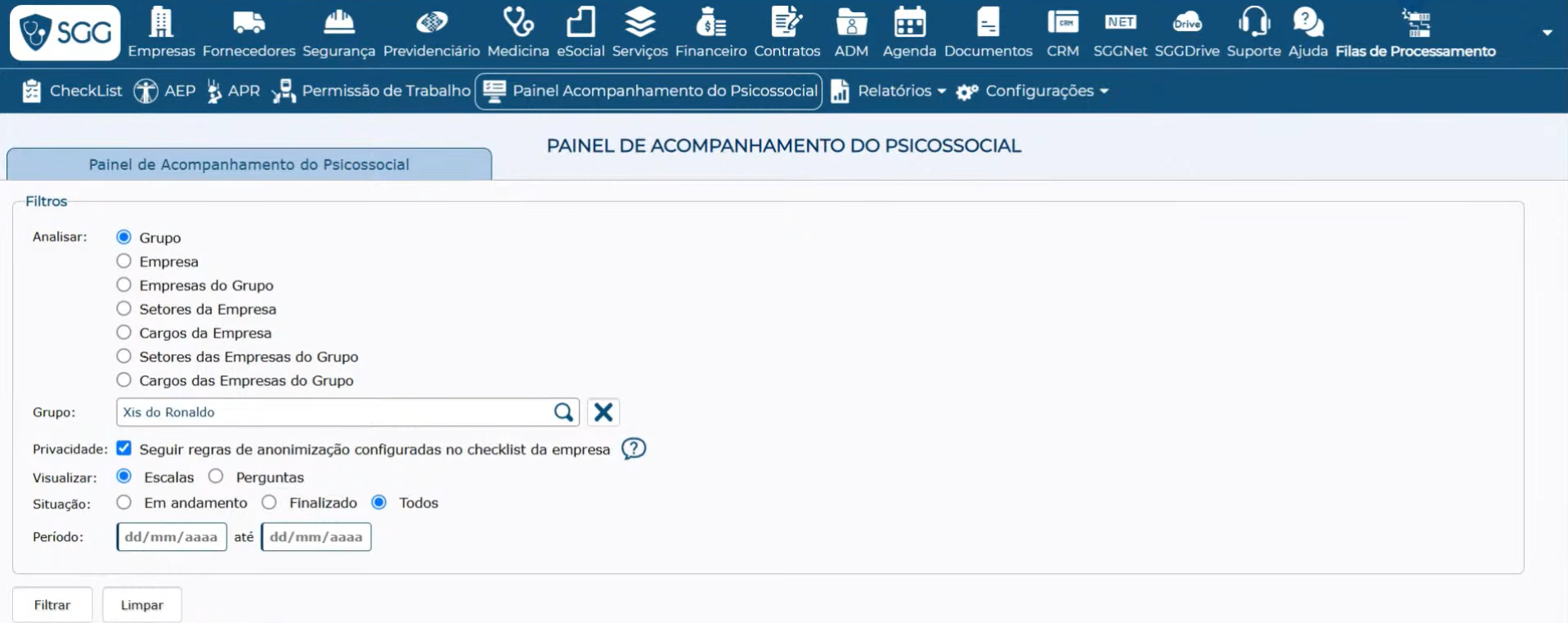 Painel de Acompanhamento do Psicossocial no SGG: filtros