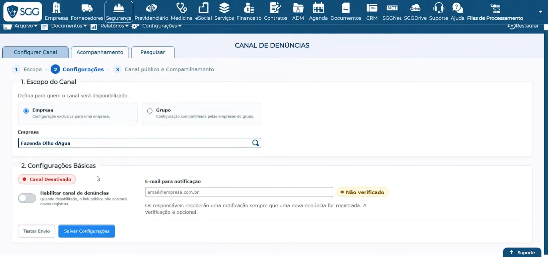 configuração do canal no SGG