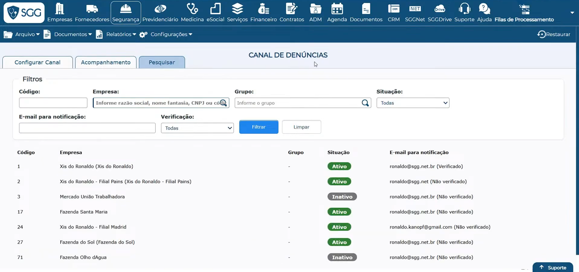 lista de empresas com o recurso ativo ou inativo.