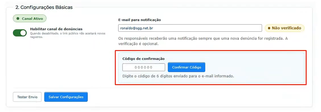 verificação do e-mail para notificação das denúncias recebidas