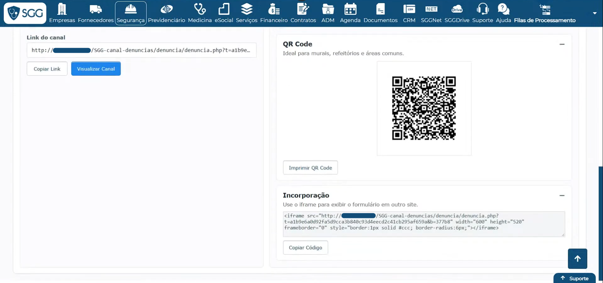 opções de compartilhamento do canal de denúncias, link direto, QR Code ou incorporação por iframe.