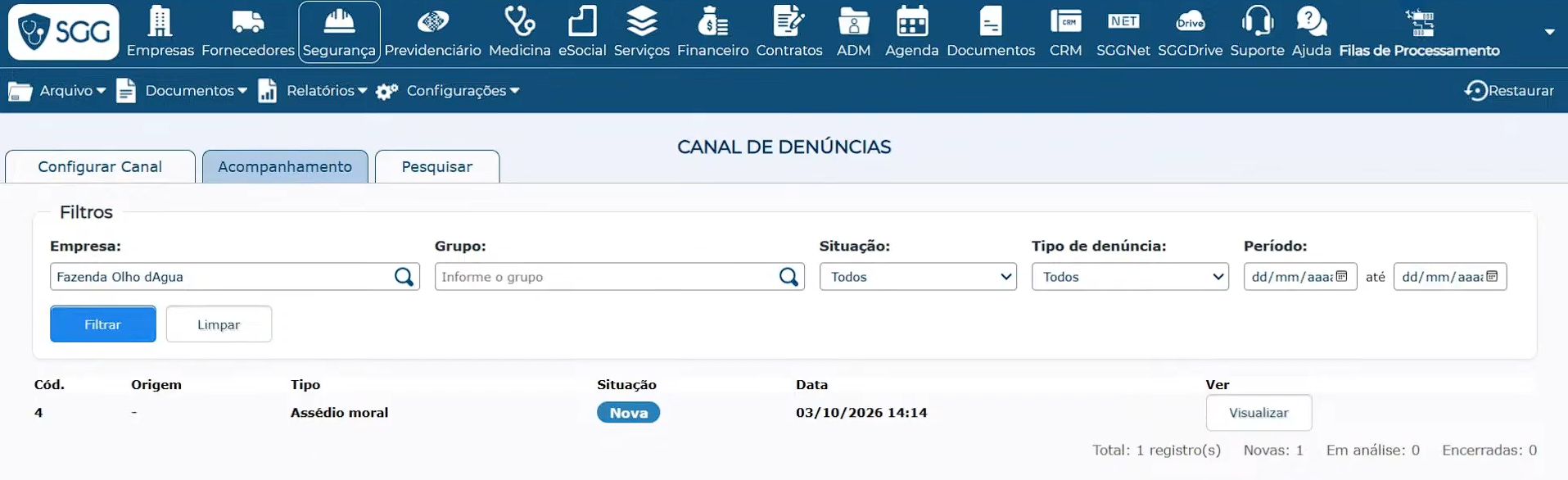 tela de acompanhamento das denúncias recebidas