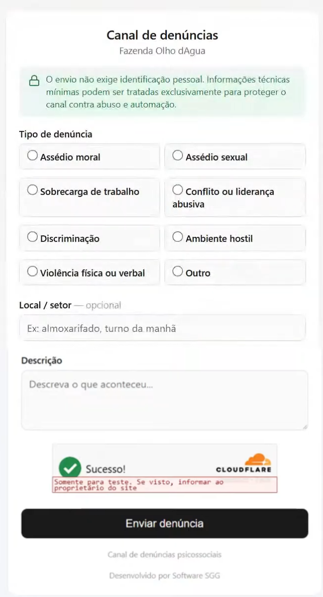 tela que o funcionário vê ao acessar o canal de denúncias do SGG